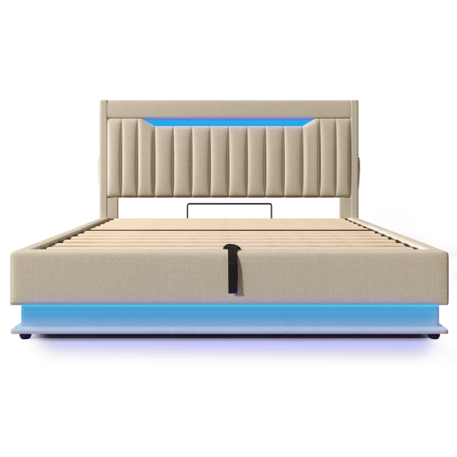 Cama estofada 140x200 cm - Cabeceira com arrumação, portas USB e Tipo-C, iluminação LED, com arrumação hidráulica - Bege