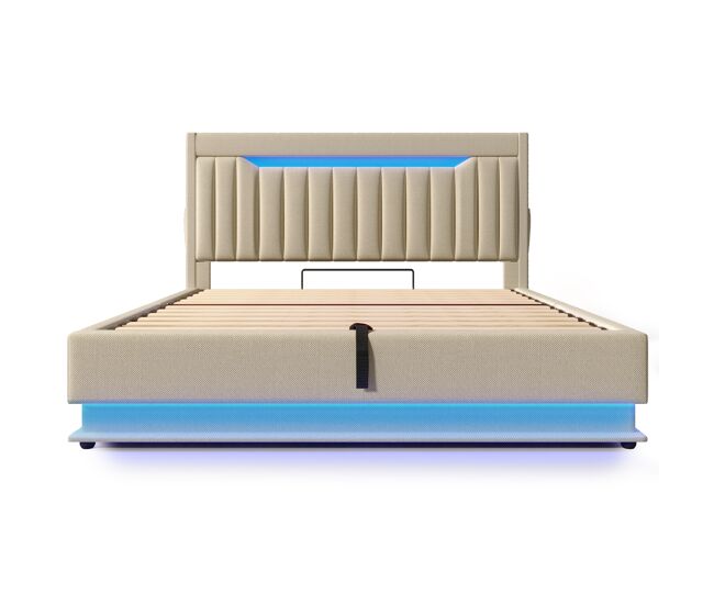 Cama tapizada 140x200 cm - cabecero con almacenamiento, puertos usb y tipo-c, iluminación led, con almacenamiento hidráulico - beige