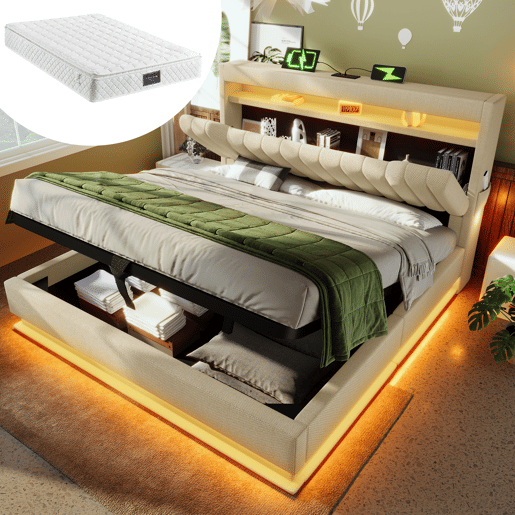 Cama estofada 140x200 cm - Cabeceira com arrumação, portas USB e Tipo-C, iluminação LED, com arrumação hidráulica - Bege