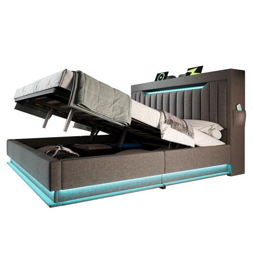 Cama estofada 140x200 cm - Cabeceira com arrumação, portas USB e Type-C, iluminação LED, com arrumação hidráulica - Cinza