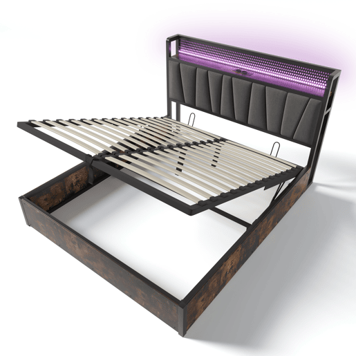 Cama metálica 160x200cm - Com função de carregamento USB, cabeceira com arrumação, iluminação LED - Cinza