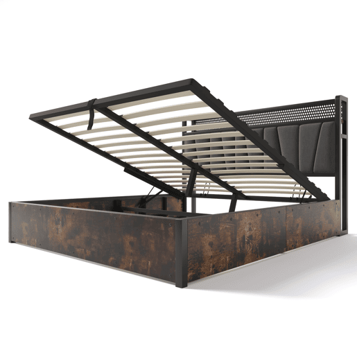 Cama metálica 160x200cm - Com função de carregamento USB, cabeceira com arrumação, iluminação LED - Cinza