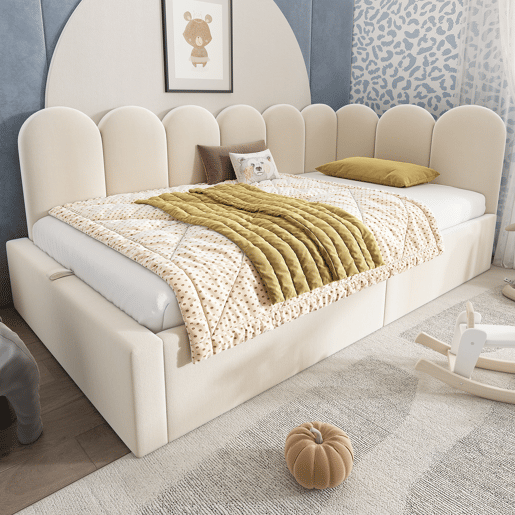 Cama divã 90x200 cm - Sofá-cama com arrumação hidráulica, cama infantil com estrado metálico, veludo - Bege