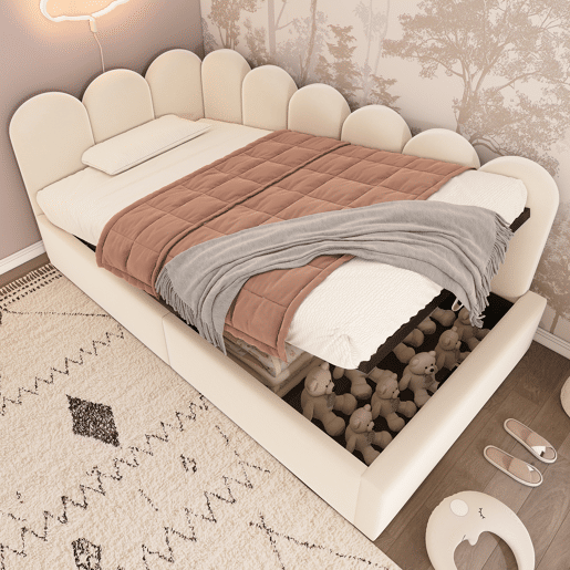 Cama divã 90x200 cm - Sofá-cama com arrumação hidráulica, cama infantil com estrado metálico, veludo - Bege