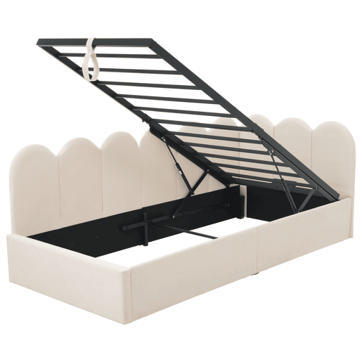 Cama divã 90x200 cm - Sofá-cama com arrumação hidráulica, cama infantil com estrado metálico, veludo - Bege
