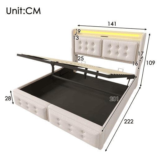 Cama de casal estofada 140x200 - Cabeceira LED, carregamento USB C, armazenamento hidráulico - Bege