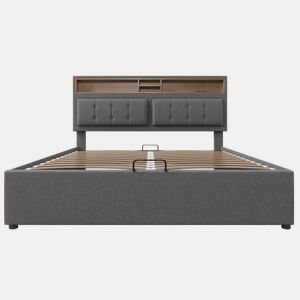 Cama estofada 160x200 - Cama juvenil com função de carregamento USB C, cabeceira e estrutura em linho - Bege
