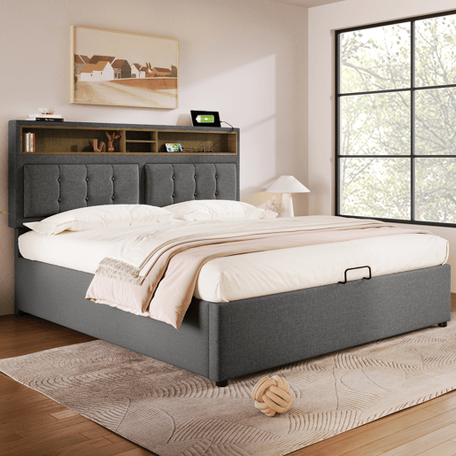 Cama estofada 160x200 - Cama juvenil com função de carregamento USB C, cabeceira e estrutura em linho - Bege