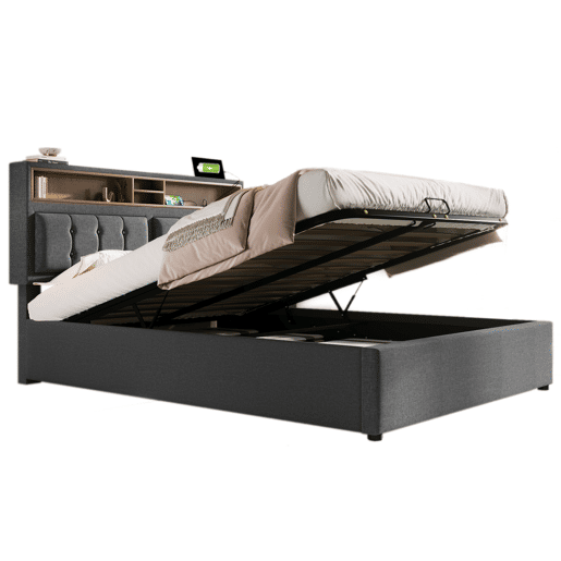 Cama estofada 160x200 - Cama juvenil com função de carregamento USB C, cabeceira e estrutura em linho - Bege