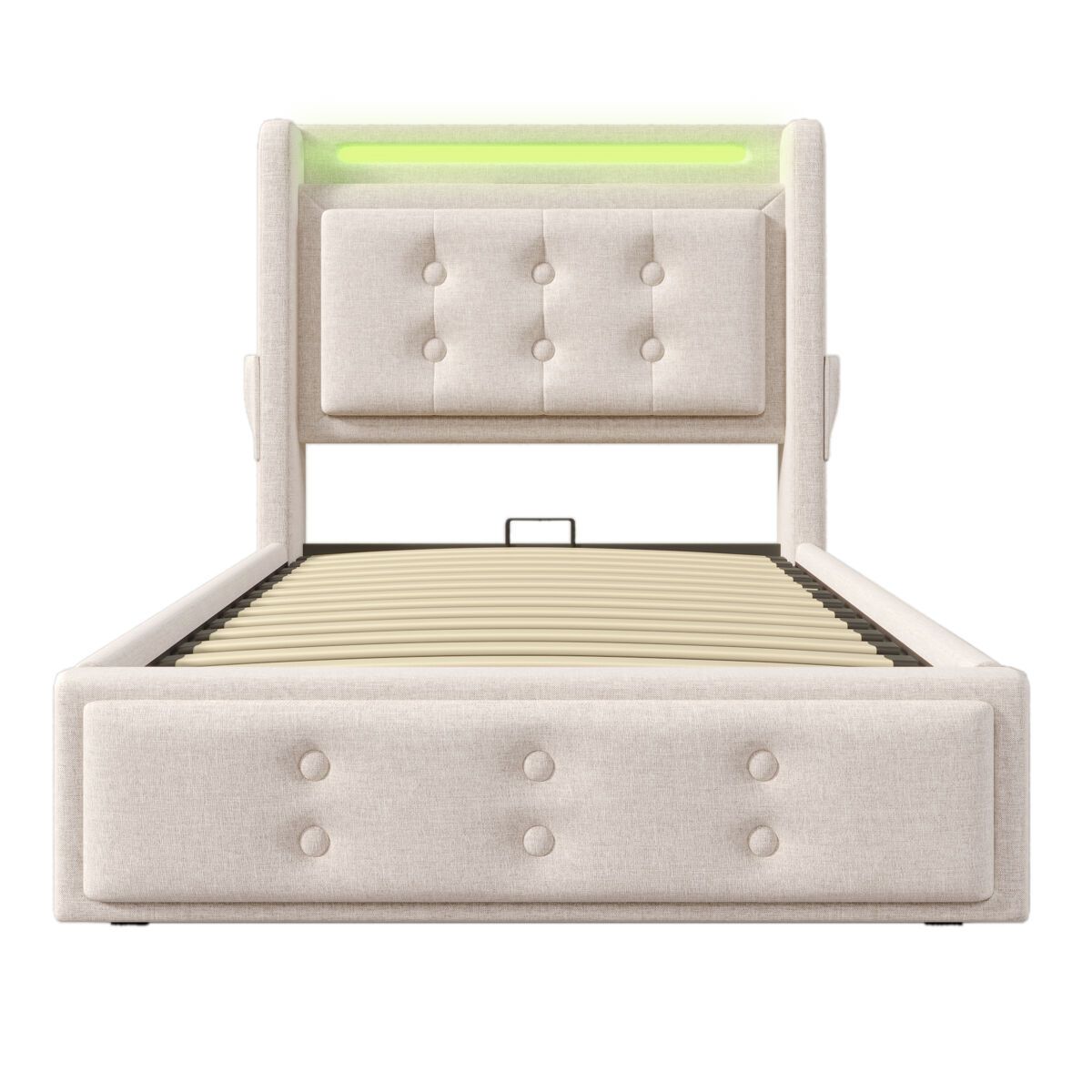 Cama individual tapizada 90x200 - cabecero led, carga usb c, hidráulica, estructura madera y metal - beige