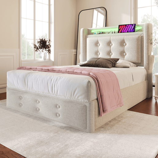 Cama individual estofada 90x200 - cabeceira LED, carregamento USB C, hidráulica, estrutura em madeira e metal - Bege