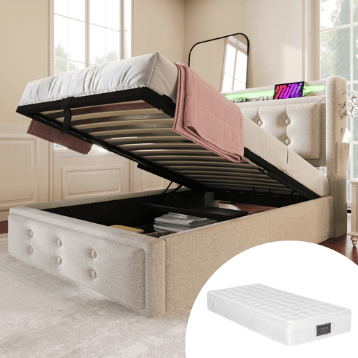 Cama individual estofada 90x200 - cabeceira LED, carregamento USB C, hidráulica, estrutura em madeira e metal - Bege