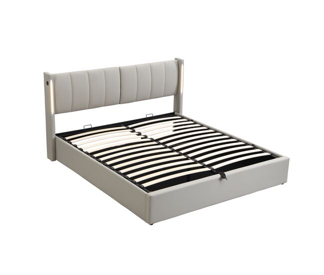 Cama tapizada 140 x 200 cm - hidráulica, led, usb recargable, con almacenamiento, cabecero ajustable, pu - gris