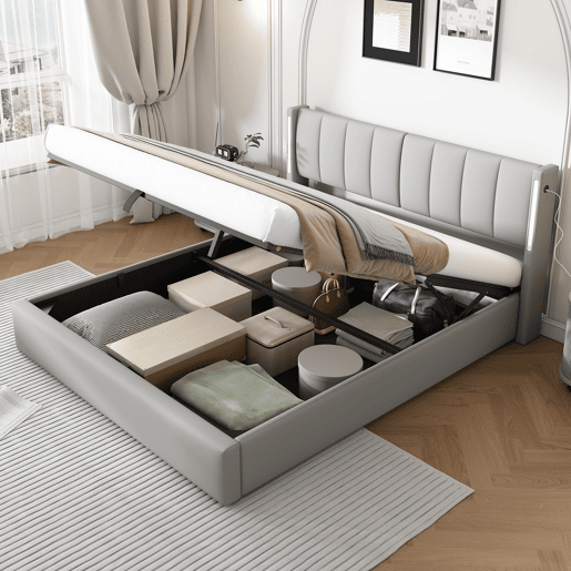 Cama estofada 140 x 200 cm - hidráulica, LED, USB recarregável, com arrumação, cabeceira ajustável, PU - cinzenta