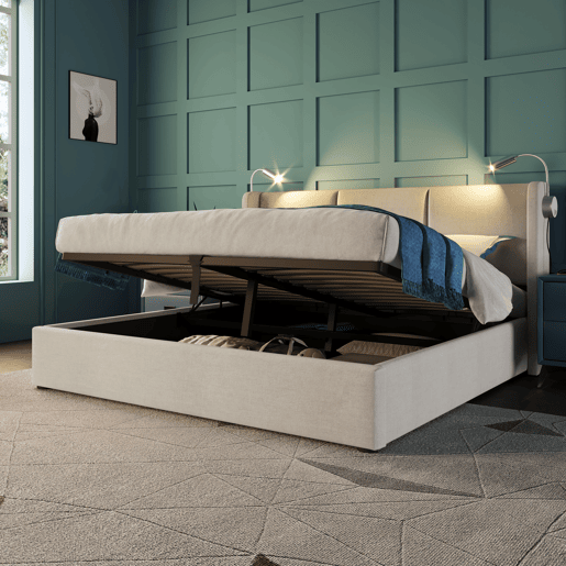 Cama Polsterbett 140x200 - Com arrumação, cabeceira com luz LED e função de carregamento USB - Bege