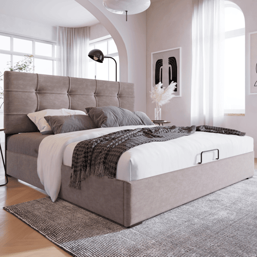 Cama estofada 140x200 cm - Cabeceira ajustável, cama com estrado de ripas e estrutura metálica, veludo, estrutura moderna com arrumação - Cinza claro