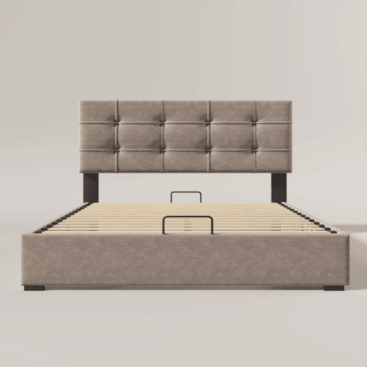 Cama estofada 140x200 cm - Cabeceira ajustável, cama com estrado de ripas e estrutura metálica, veludo, estrutura moderna com arrumação - Cinza claro