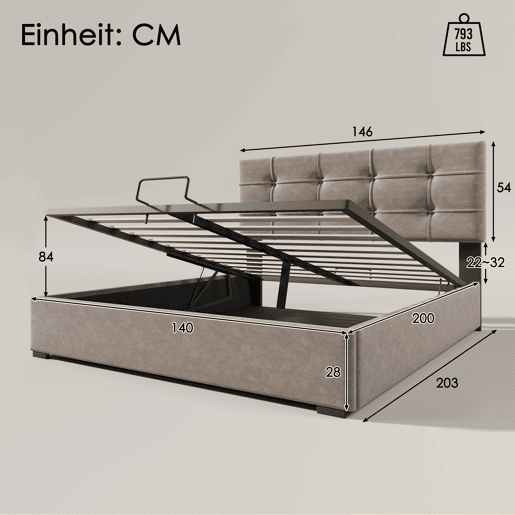 Cama estofada 140x200 cm - Cabeceira ajustável, cama com estrado de ripas e estrutura metálica, veludo, estrutura moderna com arrumação - Cinza claro