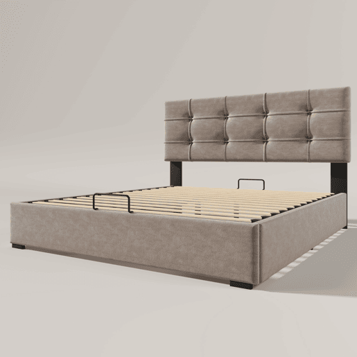 Cama estofada 140x200 cm - Cabeceira ajustável, cama com estrado de ripas e estrutura metálica, veludo, estrutura moderna com arrumação - Cinza claro