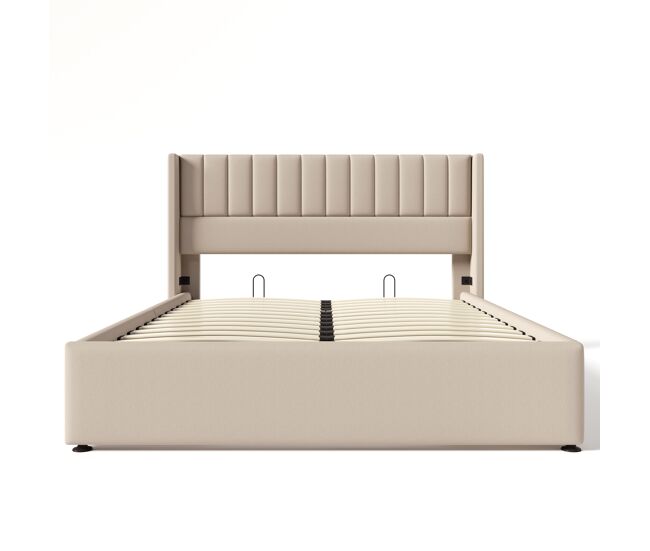 Cama hidráulica doble 140x200cm - con somier de madera, estructura metálica, lino, beige - con colchón