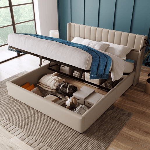 Cama hidráulica dupla 140x200cm - com estrado de madeira, estrutura metálica, linho, bege - com colchão