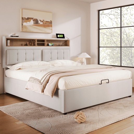 Cama estofada 160x200 cm - com função de carregamento USB C, cabeceira e estrutura em linho - Cinza