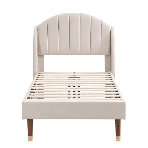 Cama estofada 90x200 cm - Com base de ripas e cabeceira, cama juvenil, fácil montagem, veludo, bege