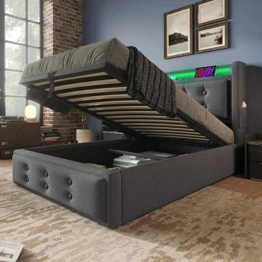 Cama individual estofada 90x200 - Cabeceira LED, função de carregamento USB C, hidráulica com estrado de madeira e metal, 150 kg - Cinza