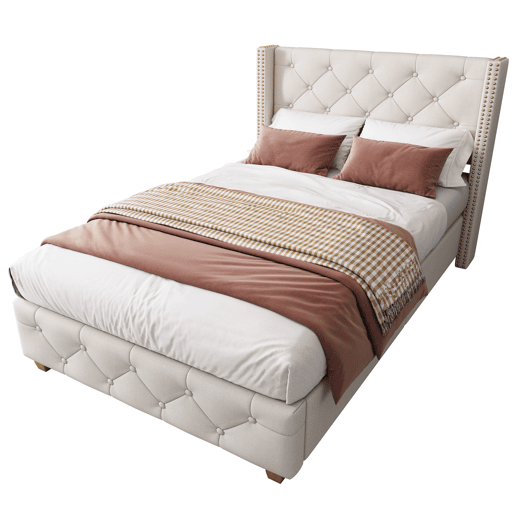 Cama estofada 90*200 - cabeceira acolchoada com botões e tachas, estrado de ripas, pés de madeira - Bege