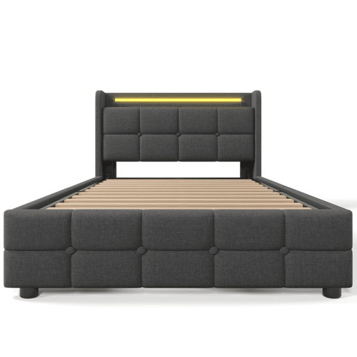 Cama estofada 90x200cm - Função de carregamento USB, cabeceira com iluminação LED e 2 gavetas - Cinza
