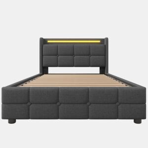 Cama estofada 90x200cm - Função de carregamento USB, cabeceira com iluminação LED e 2 gavetas - Cinza