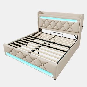 Cama de casal 160x200 - Cabeceira com arrumação, portas USB e Tipo C, LED 360 graus - Bege