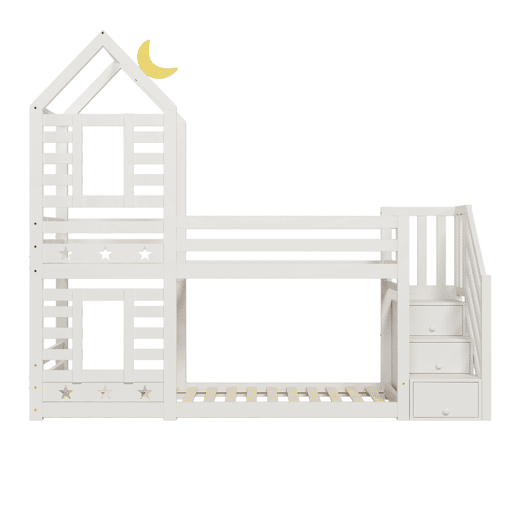 Cama infantil 90x200 cm - Cama beliche em forma de árvore com gavetas e proteção anticaída - Branco