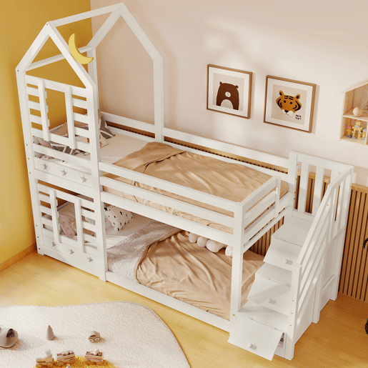 Cama infantil 90x200 cm - Cama beliche em forma de árvore com gavetas e proteção anticaída - Branco