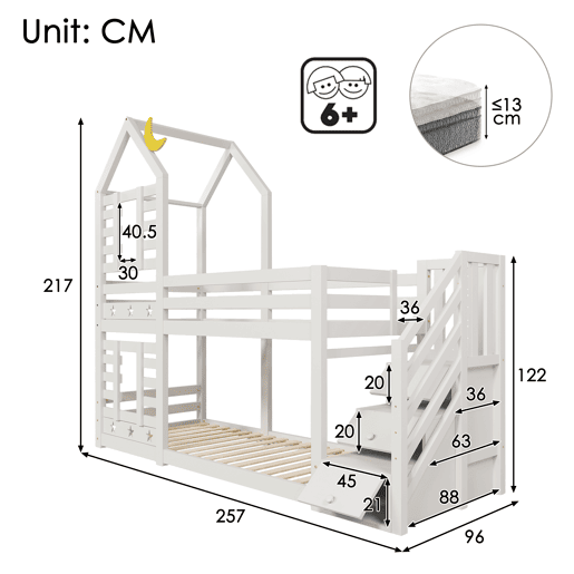 Cama infantil 90x200 cm - Cama beliche em forma de árvore com gavetas e proteção anticaída - Branco