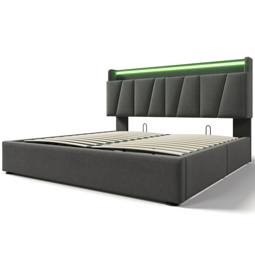 Cama estofada 140x200cm - Função de carregamento USB, cabeceira, iluminação LED, 4 gavetas, estrutura em madeira - Cinza