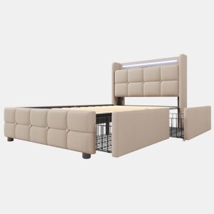 Cama estofada 90x200cm - Com função de carregamento USB, cabeceira e luzes LED, 2 gavetas - Bege