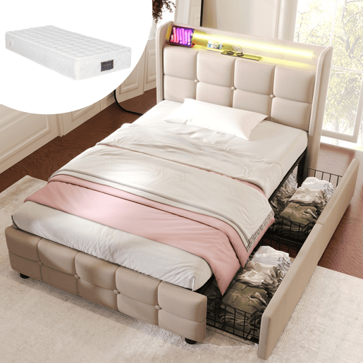 Cama estofada 90x200cm - Com função de carregamento USB, cabeceira e luzes LED, 2 gavetas - Bege