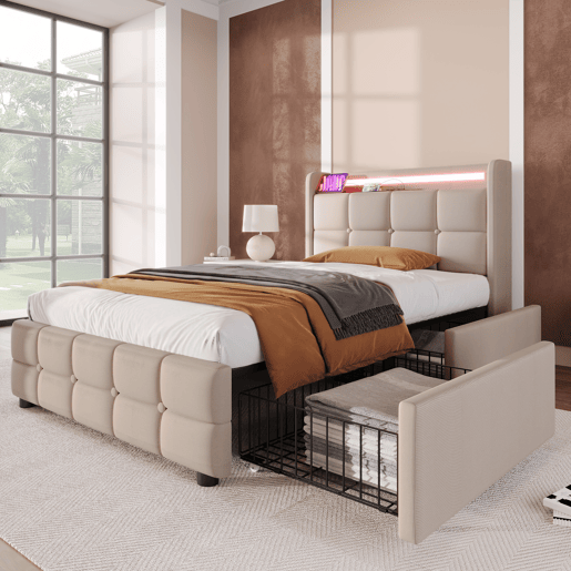 Cama estofada 90x200cm - Com função de carregamento USB, cabeceira e luzes LED, 2 gavetas - Bege