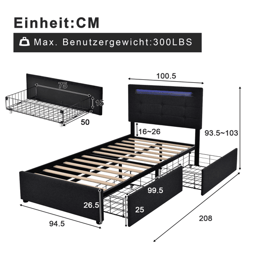 Cama estofada 90x200cm - Com LED e 2 gavetas, Cabeceira ajustável, Estrado de madeira, Inclui colchão - Preto