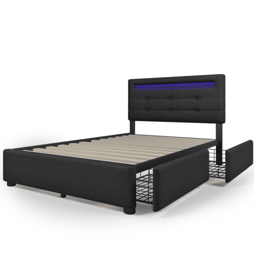 Cama estofada 90x200cm - Com LED e 2 gavetas, Cabeceira ajustável, Estrado de madeira, Inclui colchão - Preto