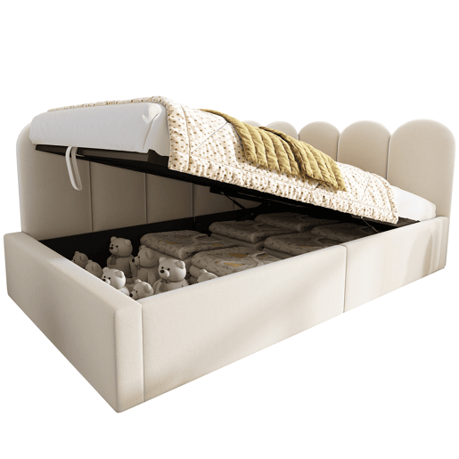 Cama divã 90x190 cm - Sofá-cama com arrumação hidráulica, cama infantil com estrado de metal, veludo - Bege