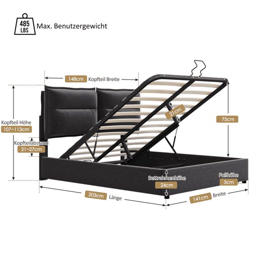 Cama de casal 140x200 - Estofada, cabeceira ajustável, estrado metálico, amplo espaço de arrumação - Preto