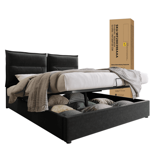 Cama de casal 140x200 - Estofada, cabeceira ajustável, estrado metálico, amplo espaço de arrumação - Preto