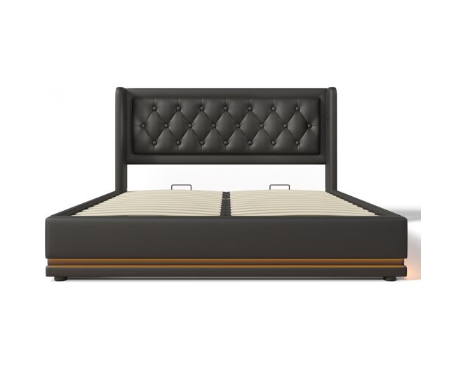Cama tapizada 140*200 cm - material pu, cama de almacenamiento hidráulica, cabecero acolchado con carga usb tipo-c, función led 3 lados - negro