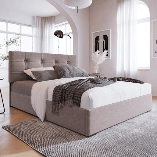 Cama individual 90x200 cm - Polsterbett com cabeceira ajustável, estrutura metálica com estrado e arrumação - Cinza claro