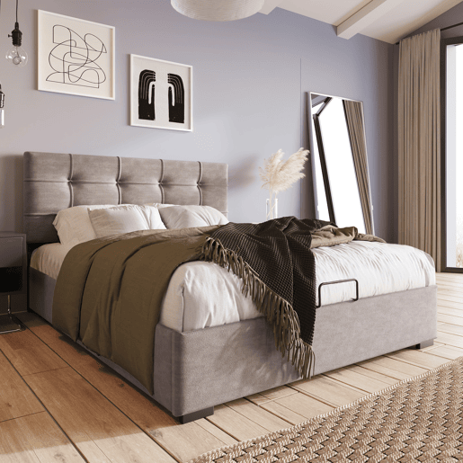 Cama individual 90x200 cm - Polsterbett com cabeceira ajustável, estrutura metálica com estrado e arrumação - Cinza claro