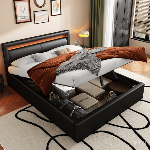 Cama estofada LED 140x190 - com estrado, arrumação e cabeceira iluminada multicolorida - preta
