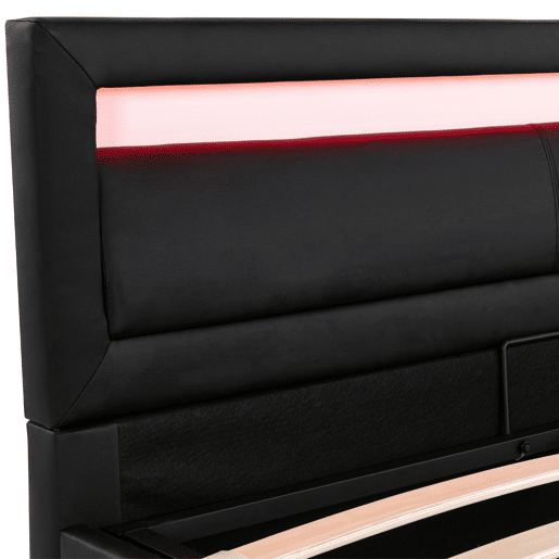 Cama estofada LED 140x190 - com estrado, arrumação e cabeceira iluminada multicolorida - preta