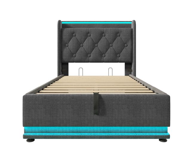 Cama individual tapizada 90*200 - led 360, hidráulica, cabecero acolchado con usb tipo-c - gris